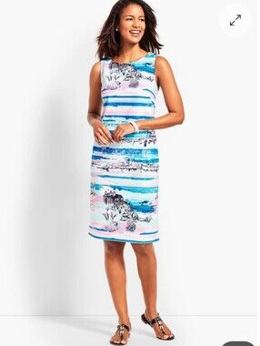 Talbots Cotton Sleeveless Striped Tropical Print Shift Dress - Blue & Pink